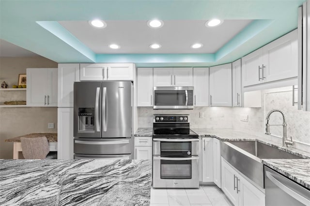 kitchen with a tray ceiling, light stone countertops, white cabinets, and stainless steel appliances