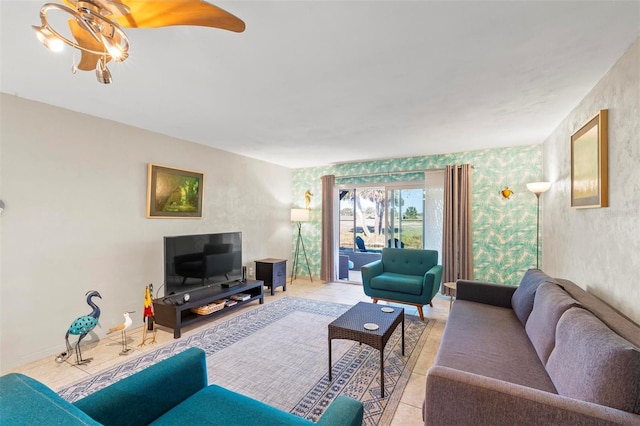 living room featuring light tile patterned flooring