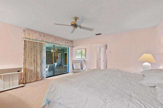 bedroom featuring carpet floors, access to outside, and ceiling fan