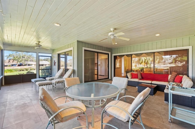 sunroom / solarium featuring ceiling fan and wooden ceiling