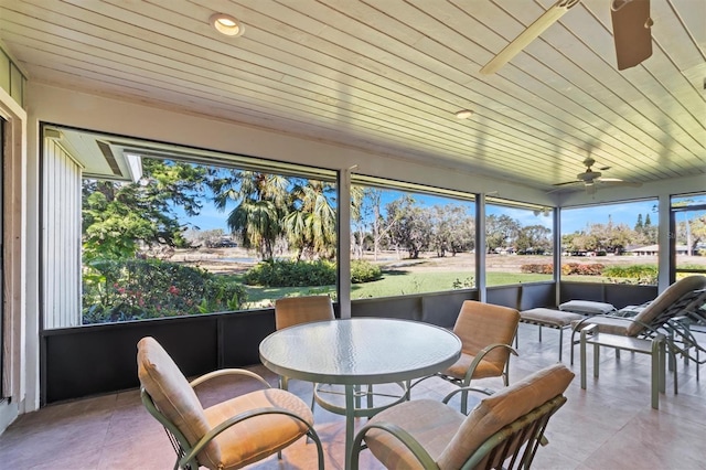 sunroom featuring a healthy amount of sunlight, ceiling fan, and wood ceiling