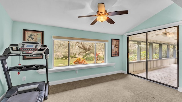 exercise room with ceiling fan, lofted ceiling, and a wealth of natural light