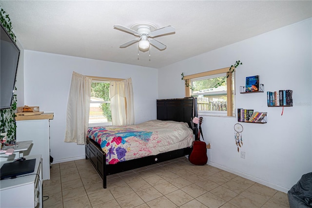 bedroom featuring ceiling fan and multiple windows