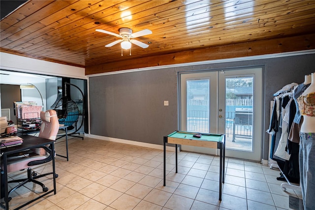 playroom featuring french doors, billiards, a healthy amount of sunlight, and wood ceiling