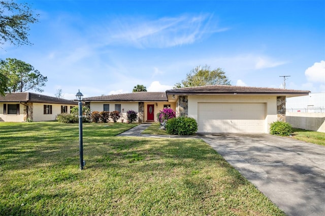 ranch-style house with a front lawn, concrete driveway, stucco siding, and an attached garage