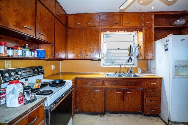 kitchen with white appliances, ceiling fan, and sink