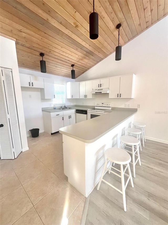 kitchen featuring white cabinetry, kitchen peninsula, pendant lighting, white appliances, and wood ceiling