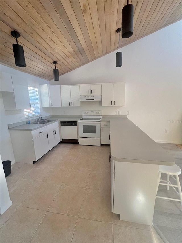 kitchen featuring white cabinetry, white appliances, wooden ceiling, and decorative light fixtures