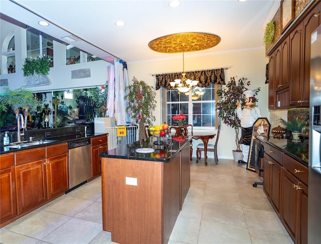 kitchen featuring dishwasher, a center island, an inviting chandelier, sink, and ornamental molding