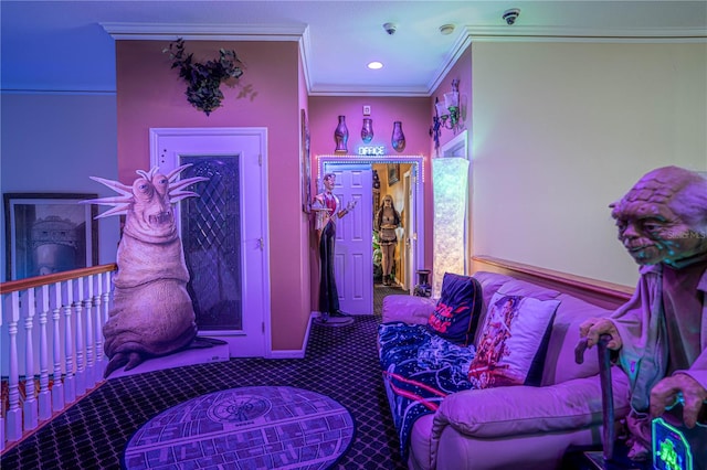 bedroom featuring crown molding and carpet