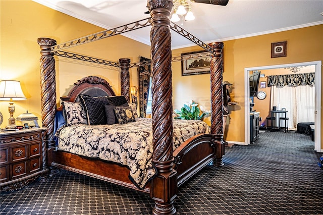 carpeted bedroom featuring ceiling fan and crown molding