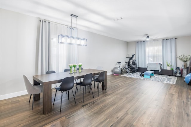 dining room featuring ceiling fan and hardwood / wood-style floors