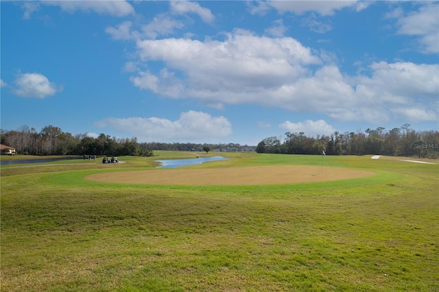 view of property's community with a yard and a water view