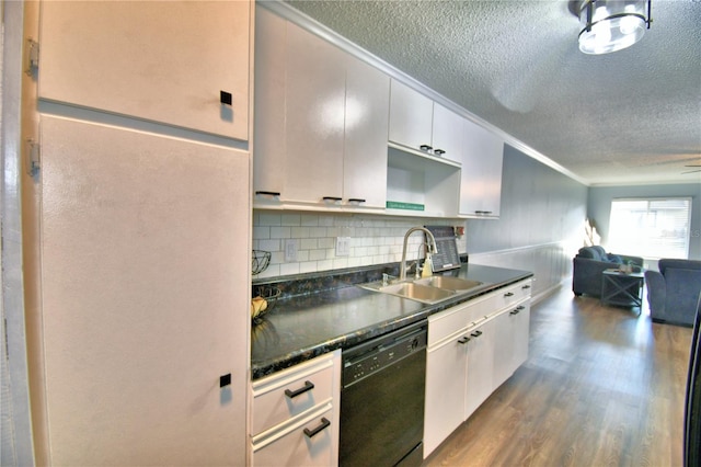 kitchen with sink, black dishwasher, tasteful backsplash, dark hardwood / wood-style flooring, and ornamental molding