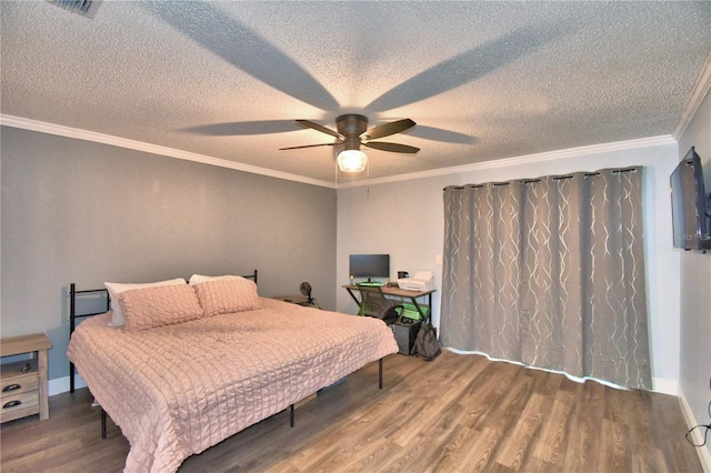 bedroom with ceiling fan, dark hardwood / wood-style floors, and ornamental molding