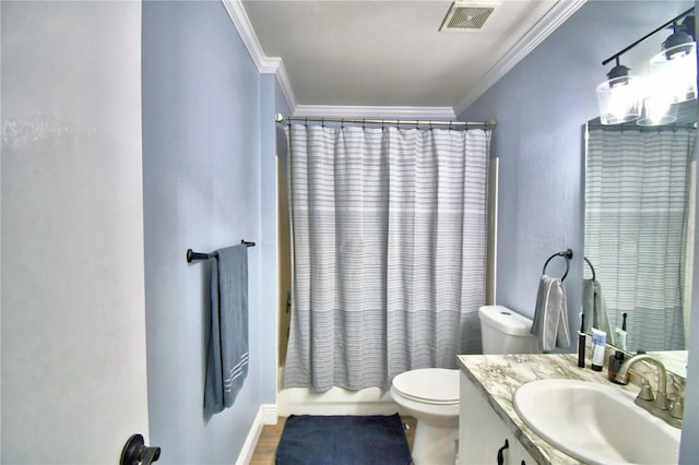 full bathroom featuring hardwood / wood-style flooring, vanity, shower / bath combination with curtain, and ornamental molding