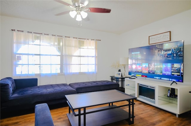 living room featuring wood-type flooring and ceiling fan