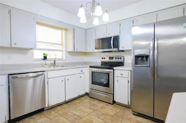 kitchen featuring stainless steel appliances, white cabinetry, and hanging light fixtures