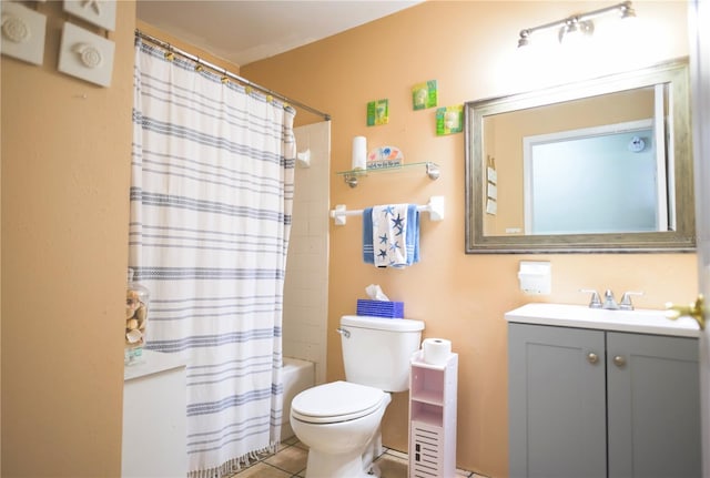 full bathroom featuring toilet, vanity, tile patterned floors, and shower / bath combo with shower curtain