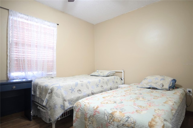 bedroom with multiple windows, ceiling fan, dark hardwood / wood-style flooring, and a textured ceiling