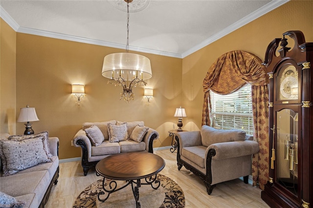 living room with ornamental molding and a notable chandelier