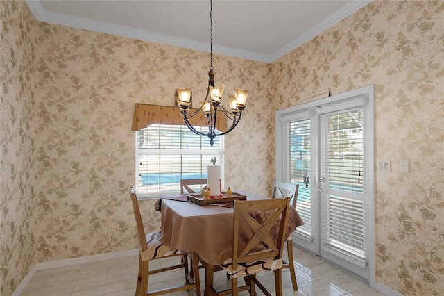 tiled dining space featuring a chandelier and crown molding