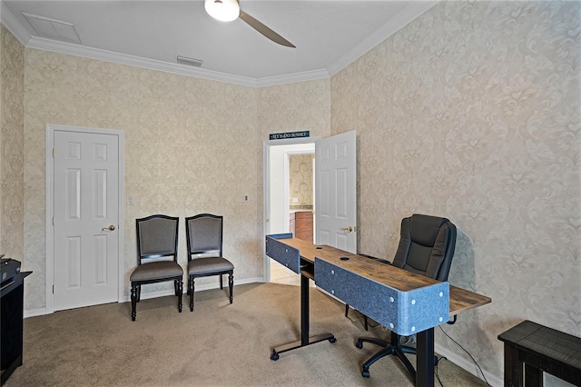 home office with ceiling fan, ornamental molding, and carpet floors