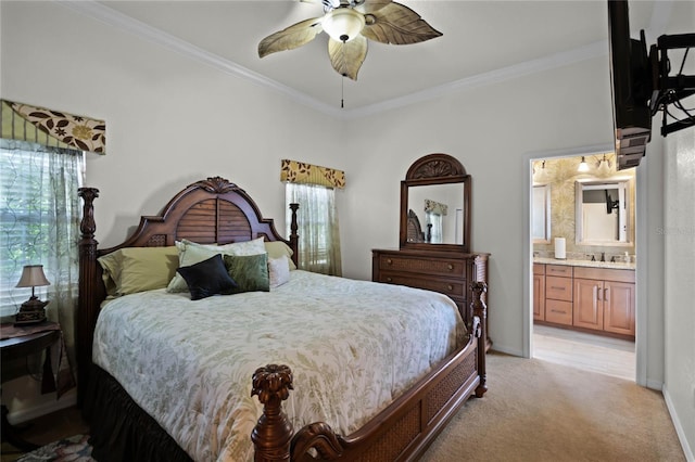 bedroom with ceiling fan, light carpet, connected bathroom, and ornamental molding