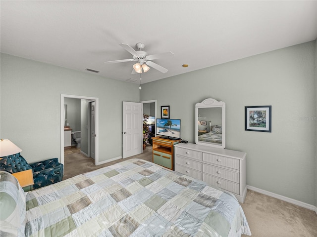 bedroom with light carpet and ceiling fan