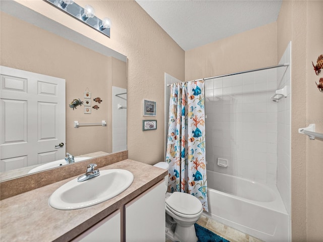 full bathroom with vanity, toilet, a textured ceiling, and shower / bath combo with shower curtain