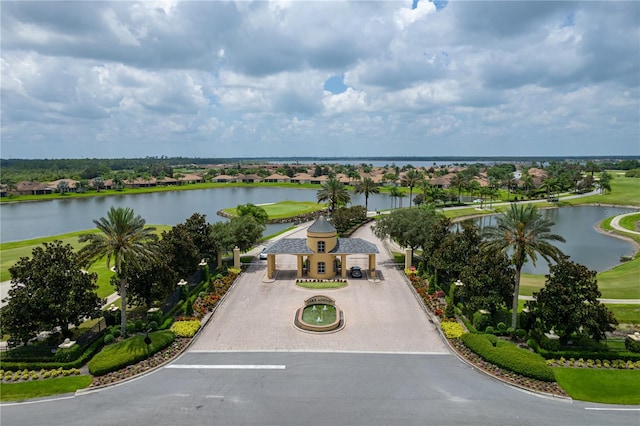 bird's eye view with a water view