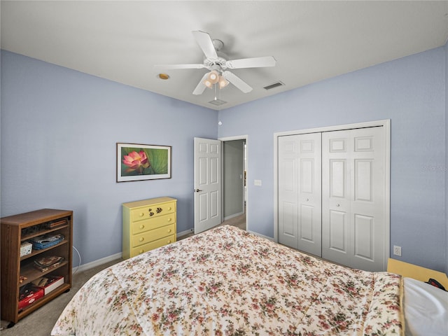 bedroom with carpet, ceiling fan, and a closet