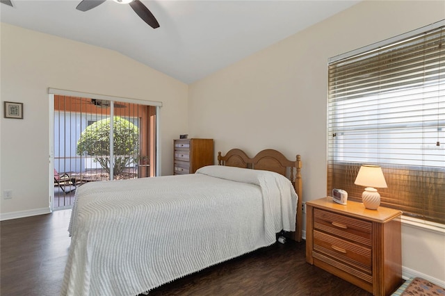 bedroom with ceiling fan, lofted ceiling, dark wood-type flooring, and access to outside