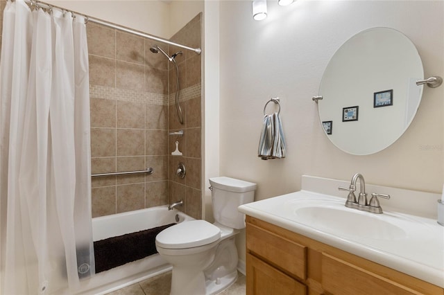 full bathroom featuring vanity, toilet, and shower / bathtub combination with curtain