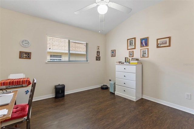 misc room with ceiling fan, dark wood-type flooring, and lofted ceiling