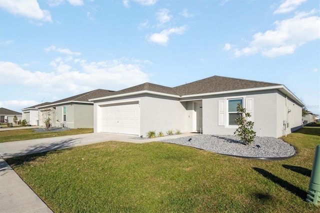 single story home featuring a garage and a front yard