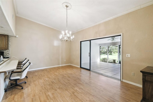 office featuring ceiling fan with notable chandelier, light hardwood / wood-style floors, and crown molding