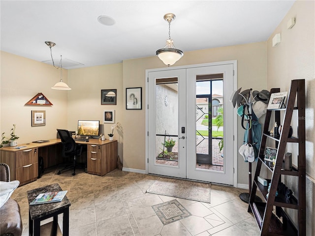 tiled office featuring french doors