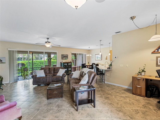 living room with ceiling fan