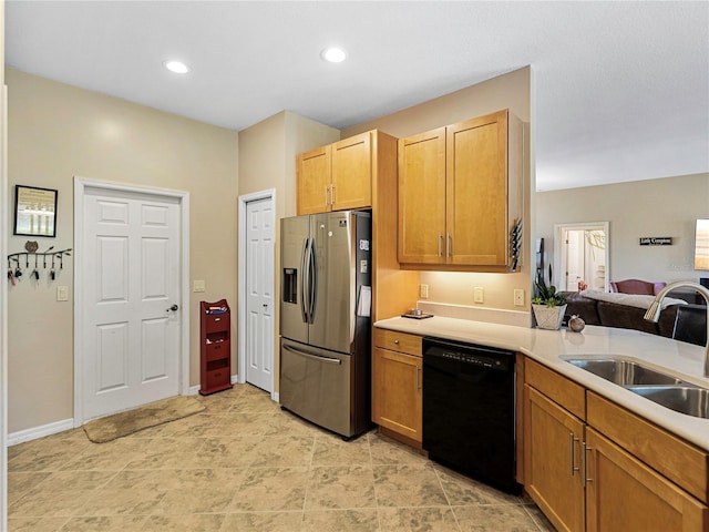 kitchen with sink, dishwasher, and stainless steel fridge with ice dispenser