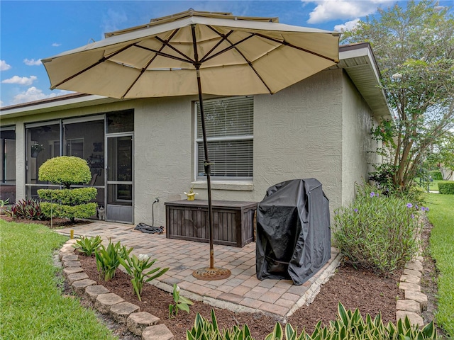 back of house featuring a lawn, a patio area, and a sunroom