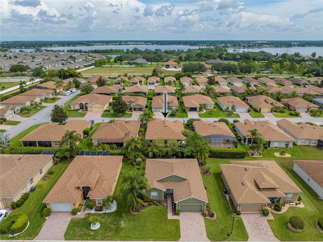 aerial view featuring a water view