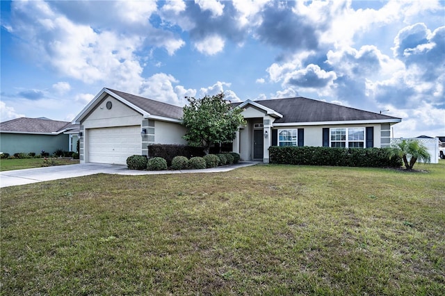 single story home with a garage and a front yard