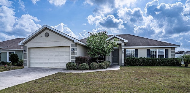 single story home featuring a garage and a front lawn