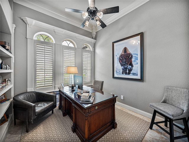 home office featuring crown molding and ceiling fan