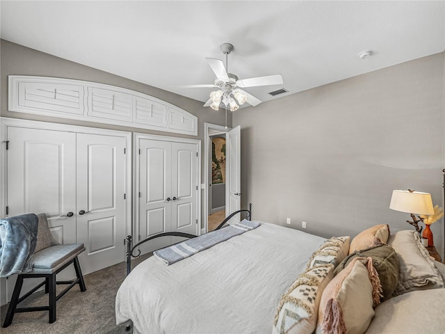 bedroom featuring a closet, ceiling fan, and carpet flooring