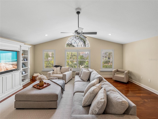 living room with ceiling fan, recessed lighting, wood finished floors, baseboards, and vaulted ceiling