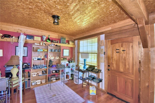 interior space featuring hardwood / wood-style flooring and wood walls