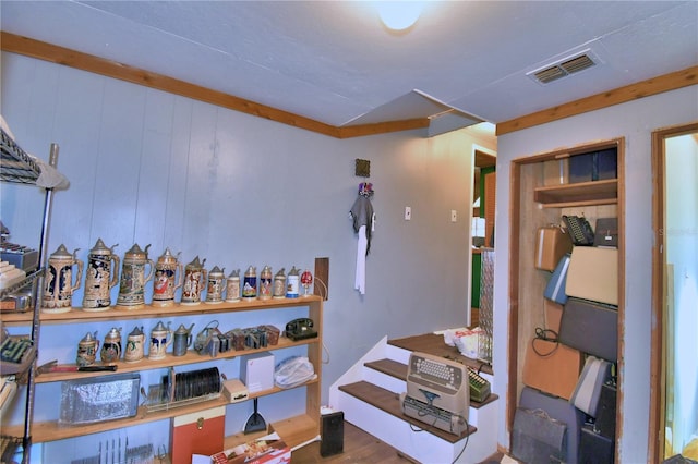 misc room featuring wood-type flooring and wooden walls