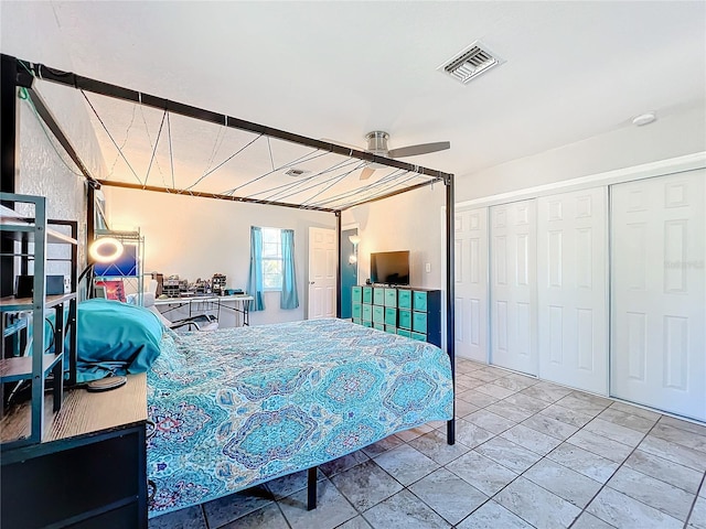 bedroom featuring ceiling fan and a closet